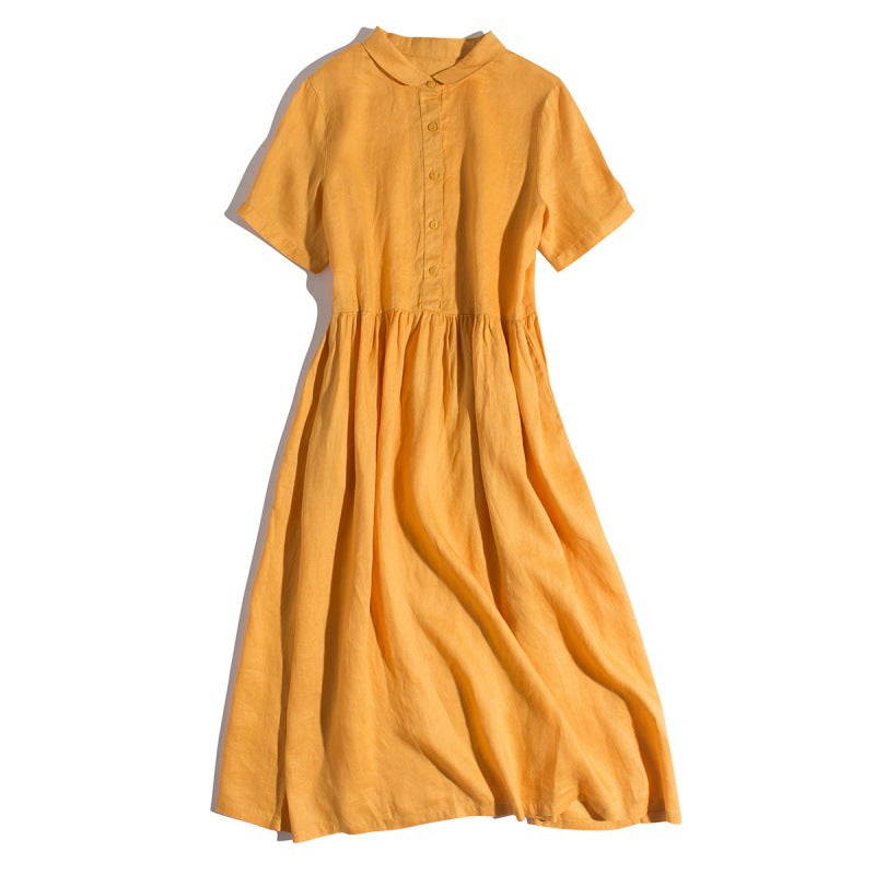 Real shot 2025 summer new literary loose splicing solid color cotton and linen short-sleeved dress women's medium and long 8690 #