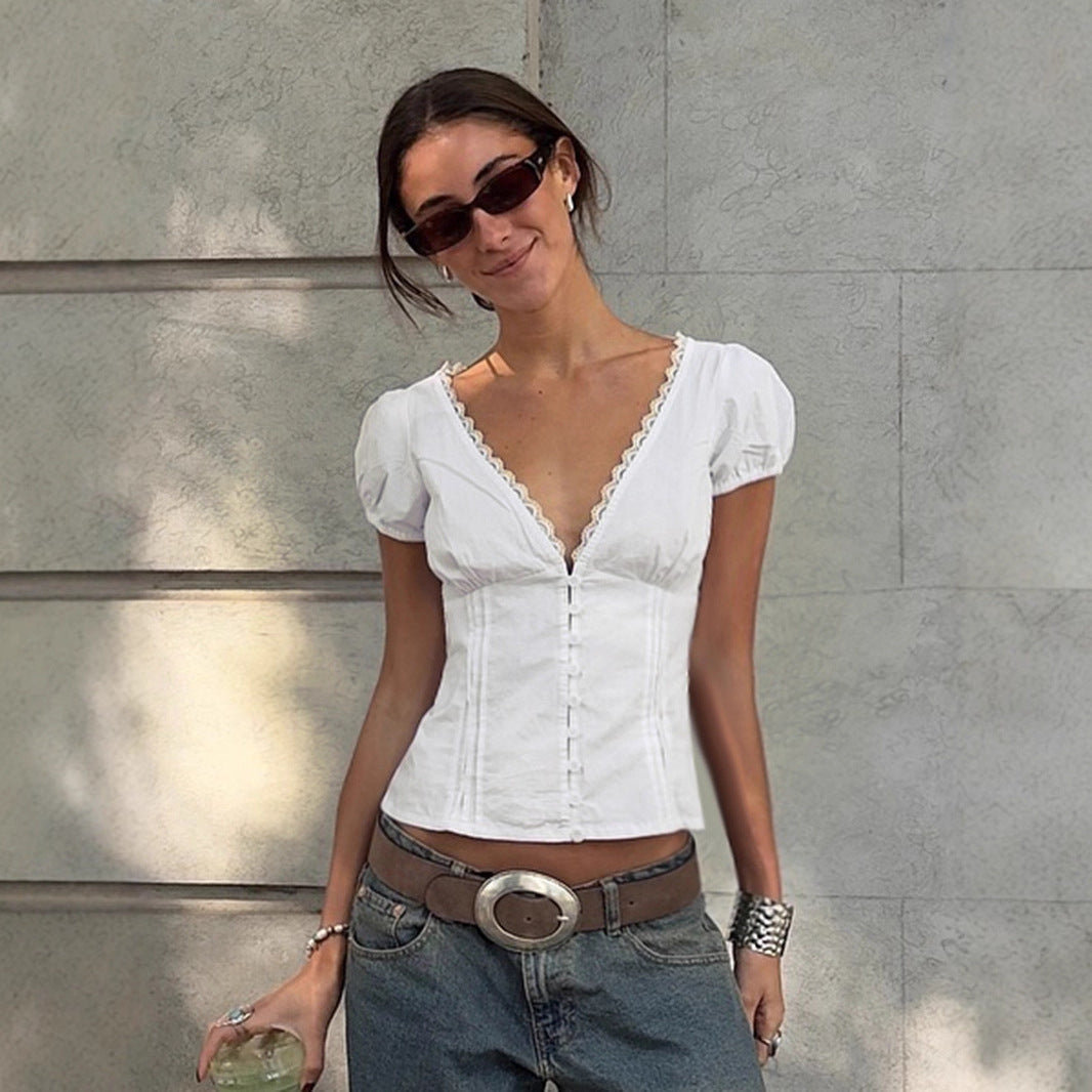 European and American light and mature style V-neck lace design single-breasted short-sleeved temperament slim and thin short bubble sleeve top T-shirt