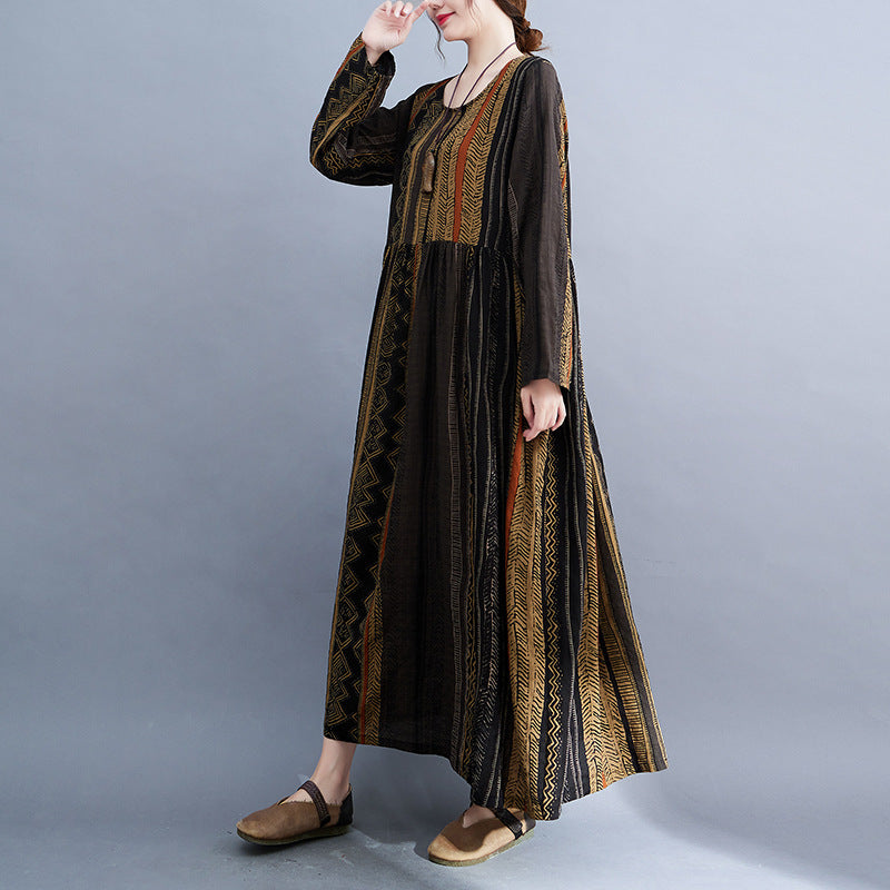 Real shot 2023 early autumn new retro age-reducing ethnic style round neck long-sleeved pendulum dress women #125