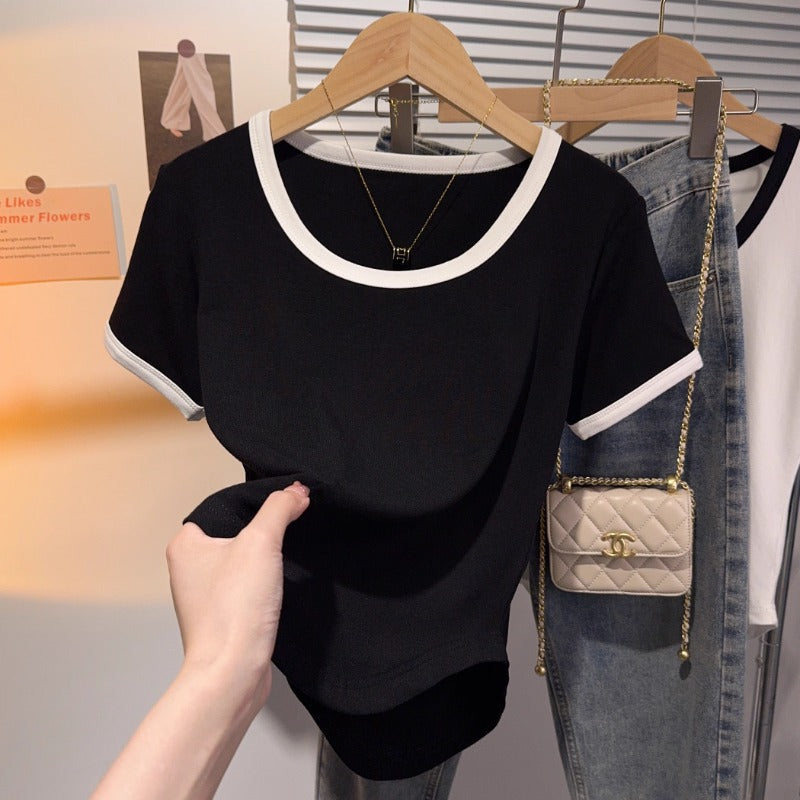 Gray low-neck slim short-sleeved T-shirt women's summer 2025 new bottoming shirt u-neck contrasting color fashion top