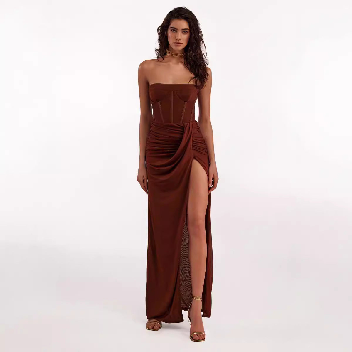 Fashion high-end European and American sexy bandeau backless dresses long slim crinkled hem slit banquet evening dresses