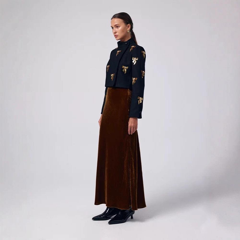 2025 autumn and winter new silk velvet long half-body elastic waist split French 45 ° oblique cut fishtail A-shaped skirt