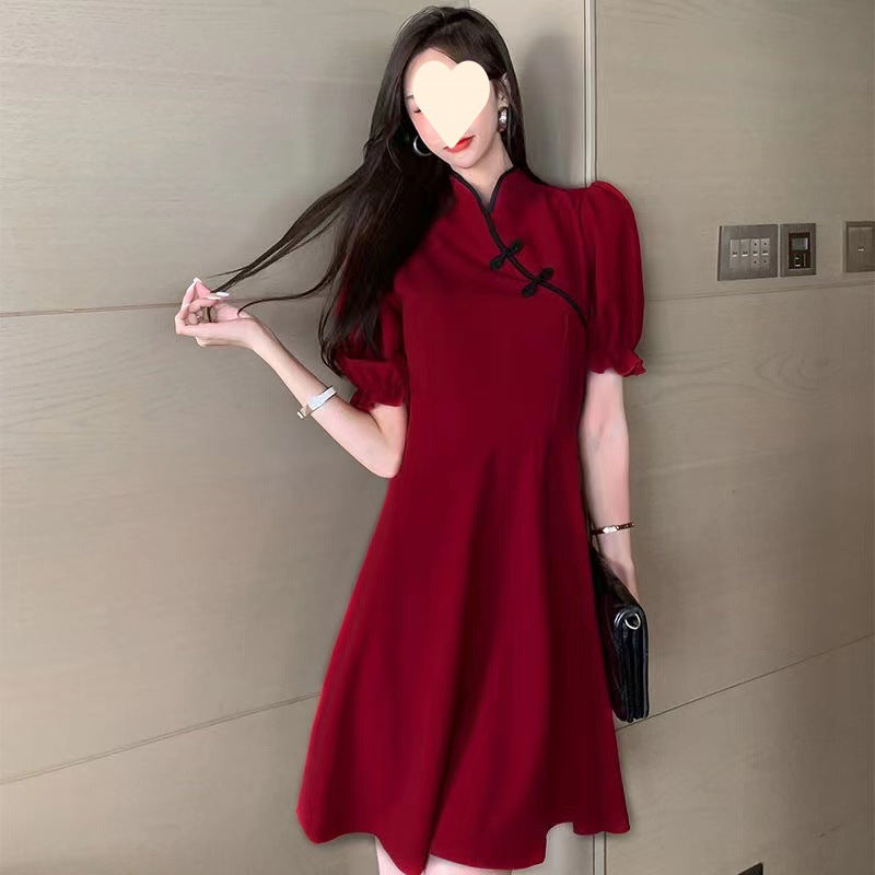 Improved version of cheongsam black dress women's medium and long waist thin a-word skirt bubble sleeves high waist temperament skirt