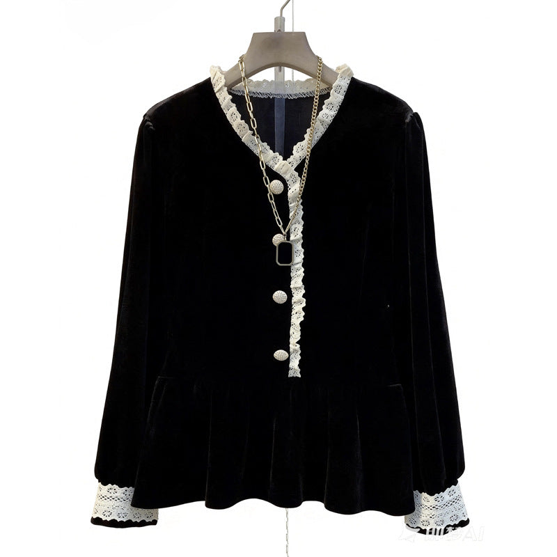 In the fall of 2025, the new large-size women's clothing covers the meat and looks thin. French retro long-sleeved shirt and top 221 #