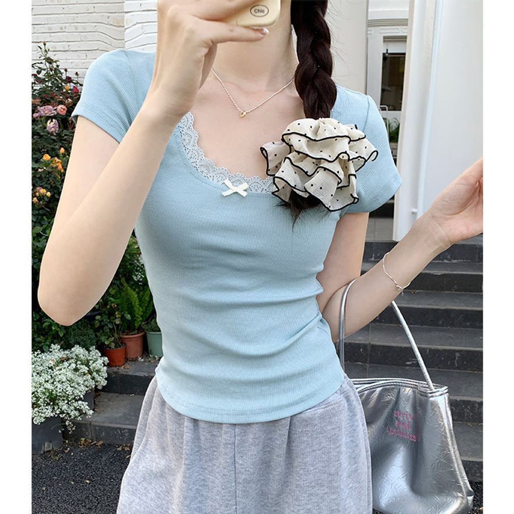 Ballet style pure desire gentle lace T-shirt women's 2026 summer new retro short-sleeved pure cotton bottoming shirt top
