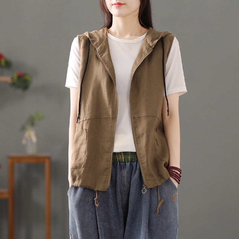 2025 spring new literary and retro loose solid color hooded cardigan vest casual sleeveless vest short coat women