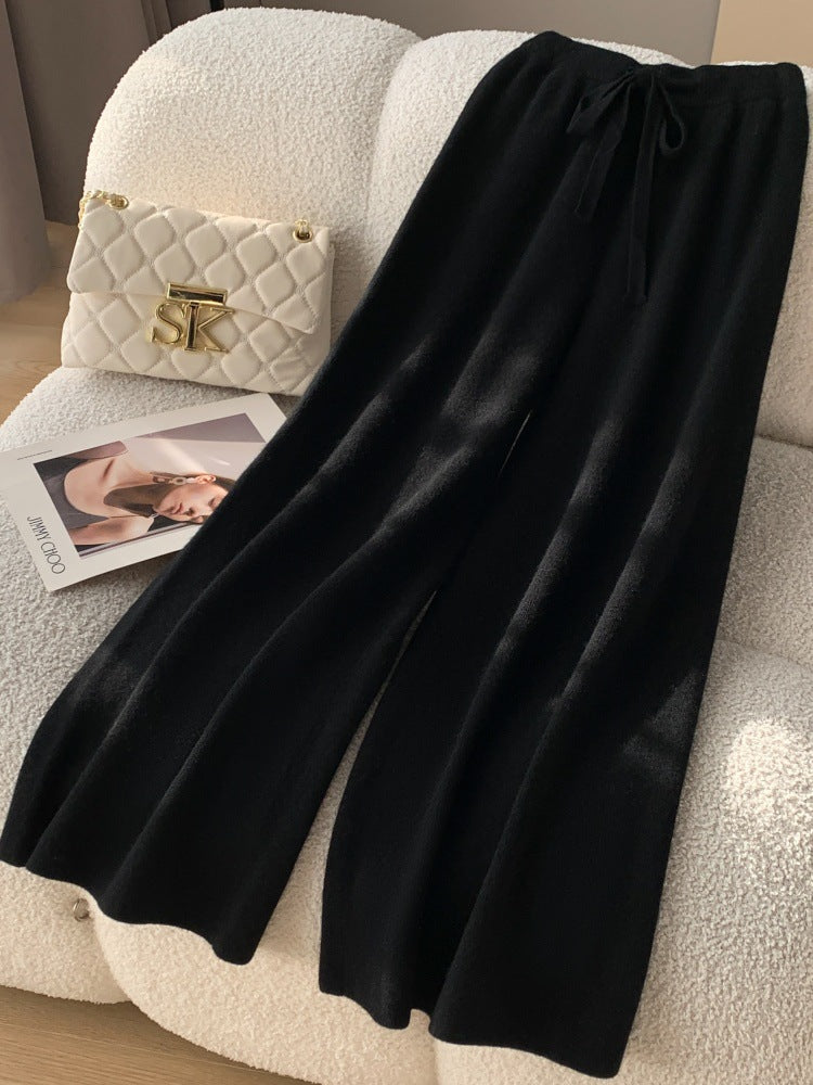 Thickened soft waxy texture 100% wool knitted wide-leg pants women's autumn and winter wear straight cashmere casual drape trousers