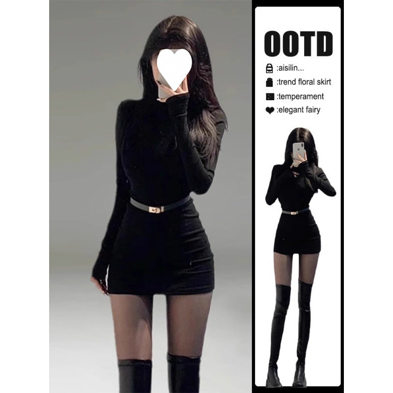 The hot girl wears a tight long-sleeved hip-hugging dress with a women's spring dress temperament, a goddess fan, a high-end little black dress