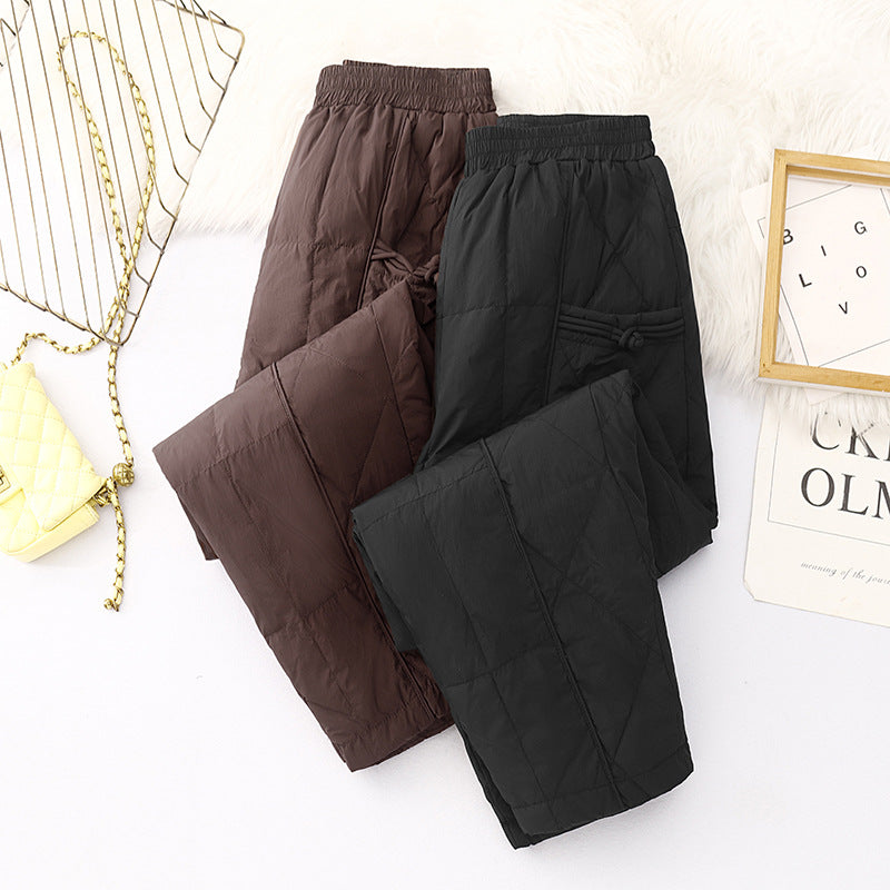 Real shot 2025 winter new retro national style buckle solid color cotton pants thickened warm women's casual pants