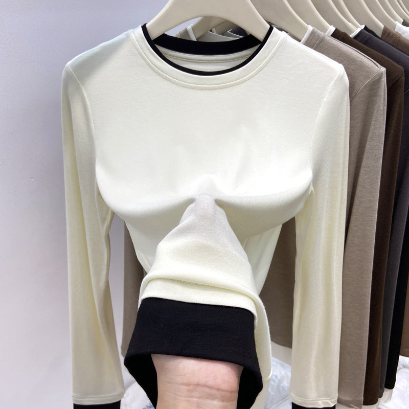 ins high elastic fake two long-sleeved t-shirt bottoming shirt women's autumn and winter new stacked wear contrasting color front shoulder top T-shirt