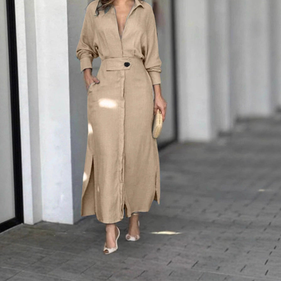 2025 European and American new temperament women's commuting lace-up solid color waist long-sleeved irregular shirt European and American dress women