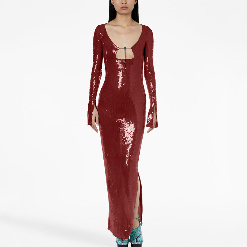 New Amazon Europe and the United States sexy sequin flared sleeve skirt women's U-neck women's clothing hem split dress long
