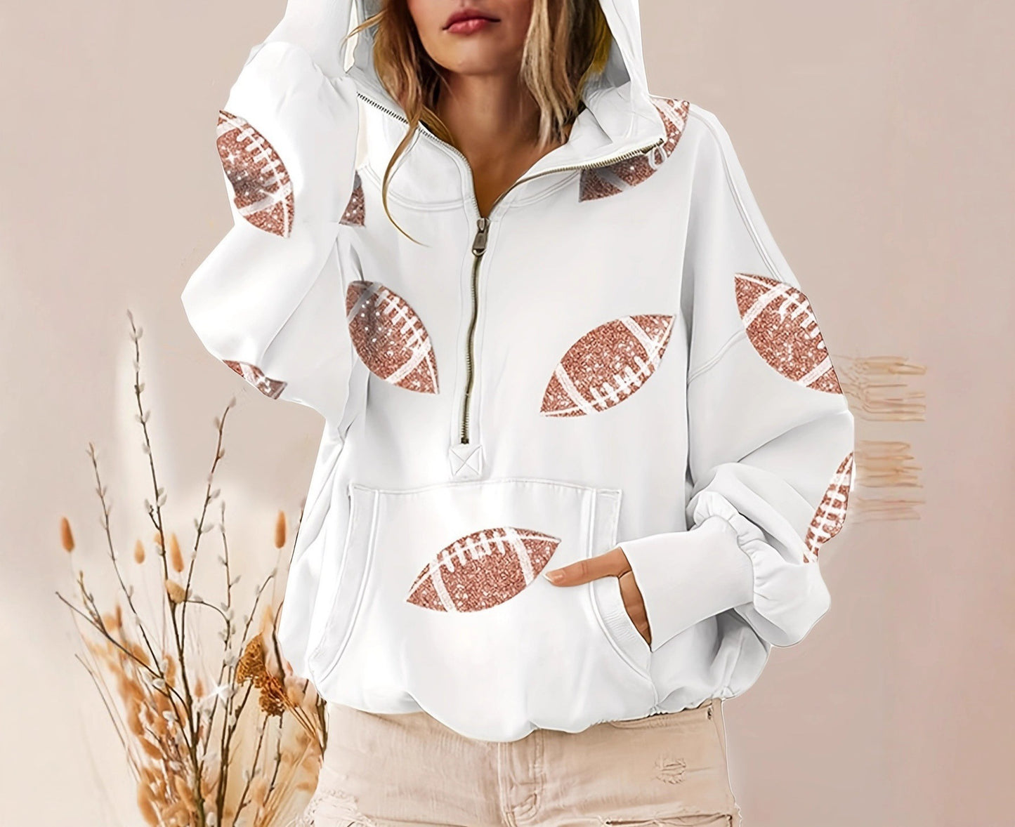 2025 Amazon Independent Station sequined splicing hooded sweater European and American women's clothing zipper drawstring long-sleeved top spot
