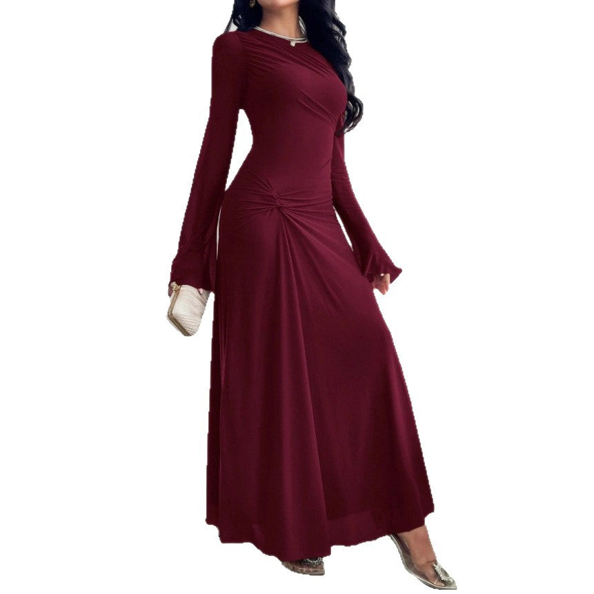 2025 cross-border European and American new horn sleeves slim temperament high elasticity wrinkle hip wrap fashion dress coat