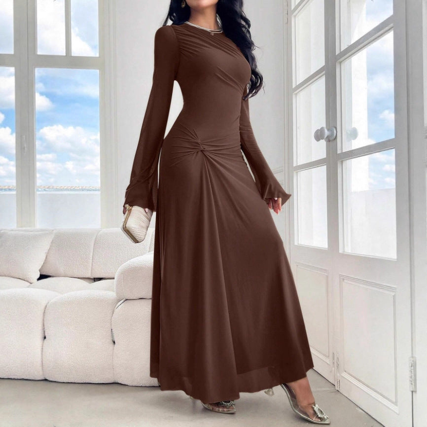 2025 cross-border European and American new horn sleeves slim temperament high elasticity wrinkle hip wrap fashion dress coat