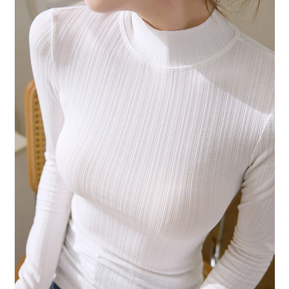 Premium Threaded Stand-Up Neck T-Shirt Women's Long Sleeve 2026 Autumn and Winter New Skinny Sexy Slim Top Tights Bottom Shirt