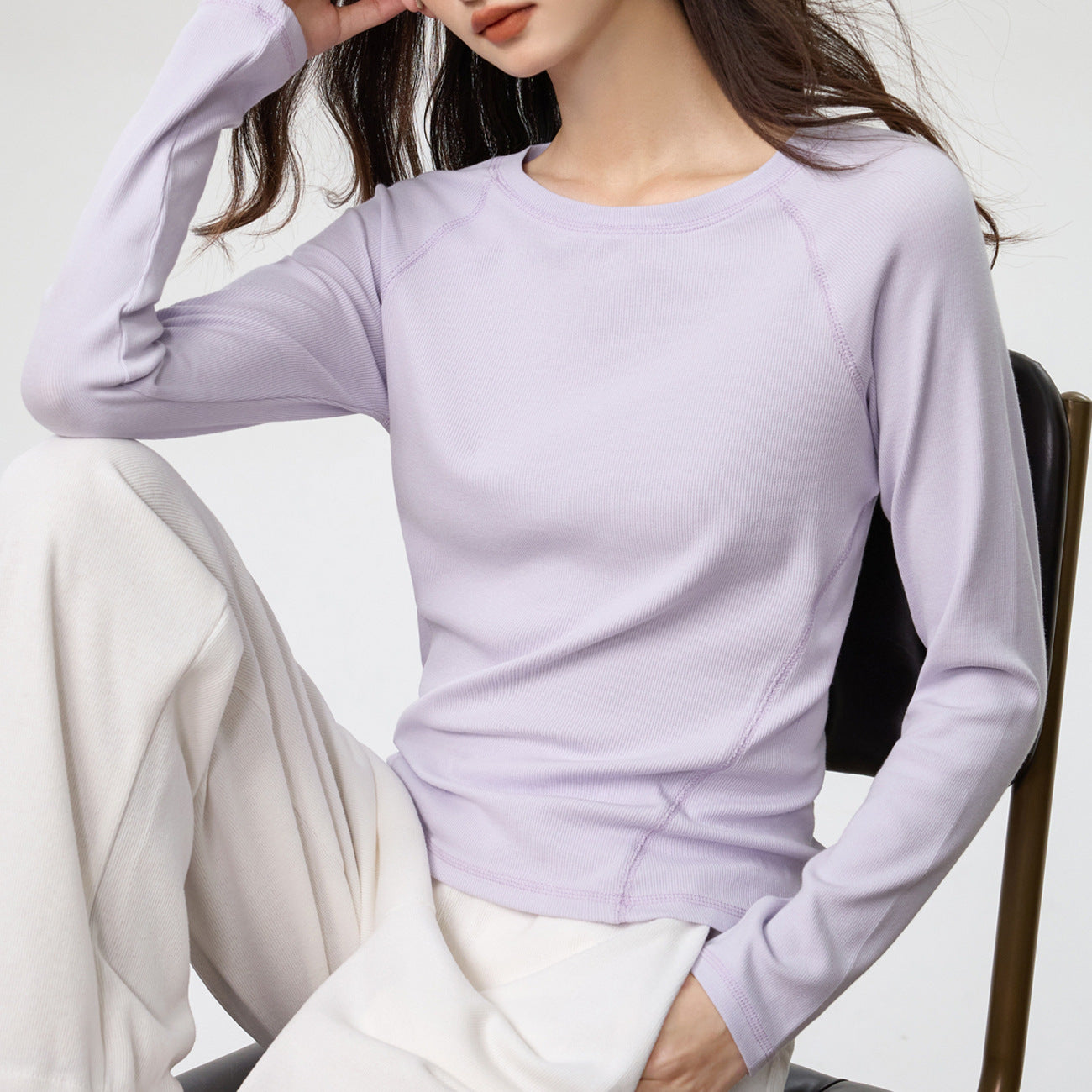 260G Youke silk, flower needle thread, seven pieces splicing heavy craftsmanship long-sleeved T-shirt women's simple solid color bottoming shirt top