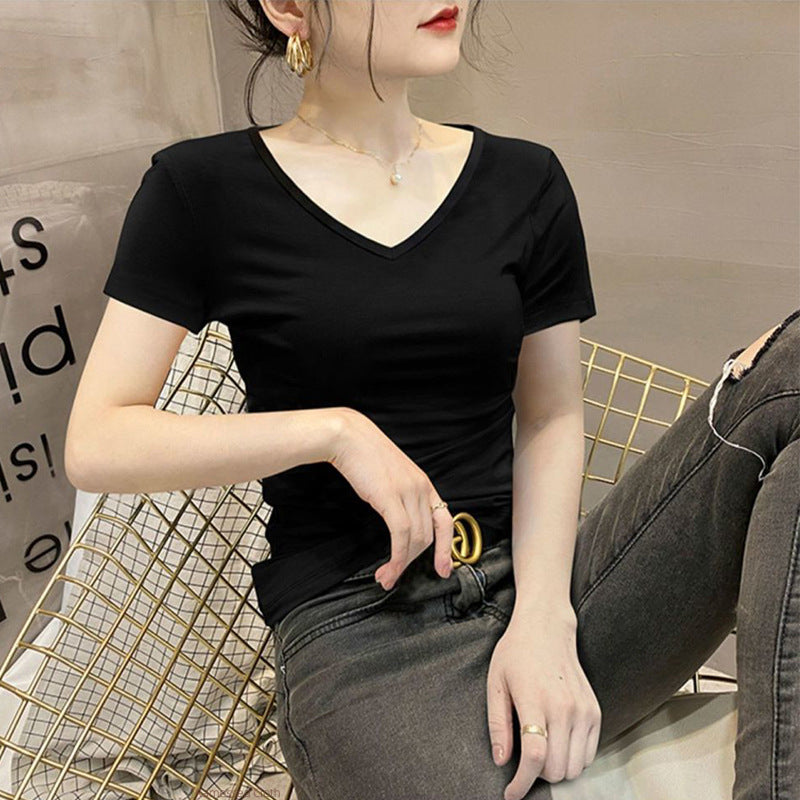 Knitted Threaded Modal Short Sleeve V-Neck Summer Slim Skinny Top Thin New Chicken Heart Neck Half Sleeve T-Shirt