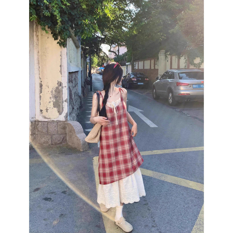 Red fake two-piece plaid lace suspender dress women's summer seaside vacation long skirt