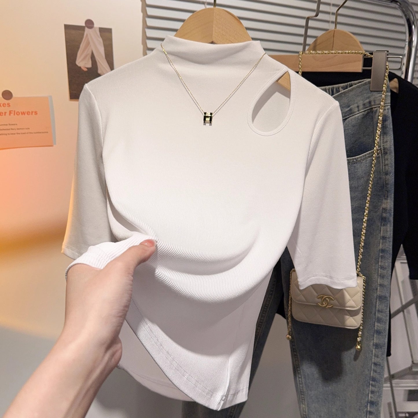 Semi-turtleneck medium-sleeved T-shirt for women's inner wear 2025 spring and summer new threaded hollow bottoming shirt white foreign style top