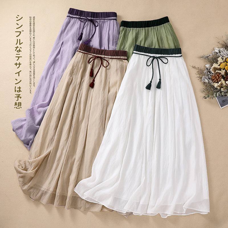 Real shot 2025 summer new literary loose solid color elastic waist A word medium and long skirt women #661 #