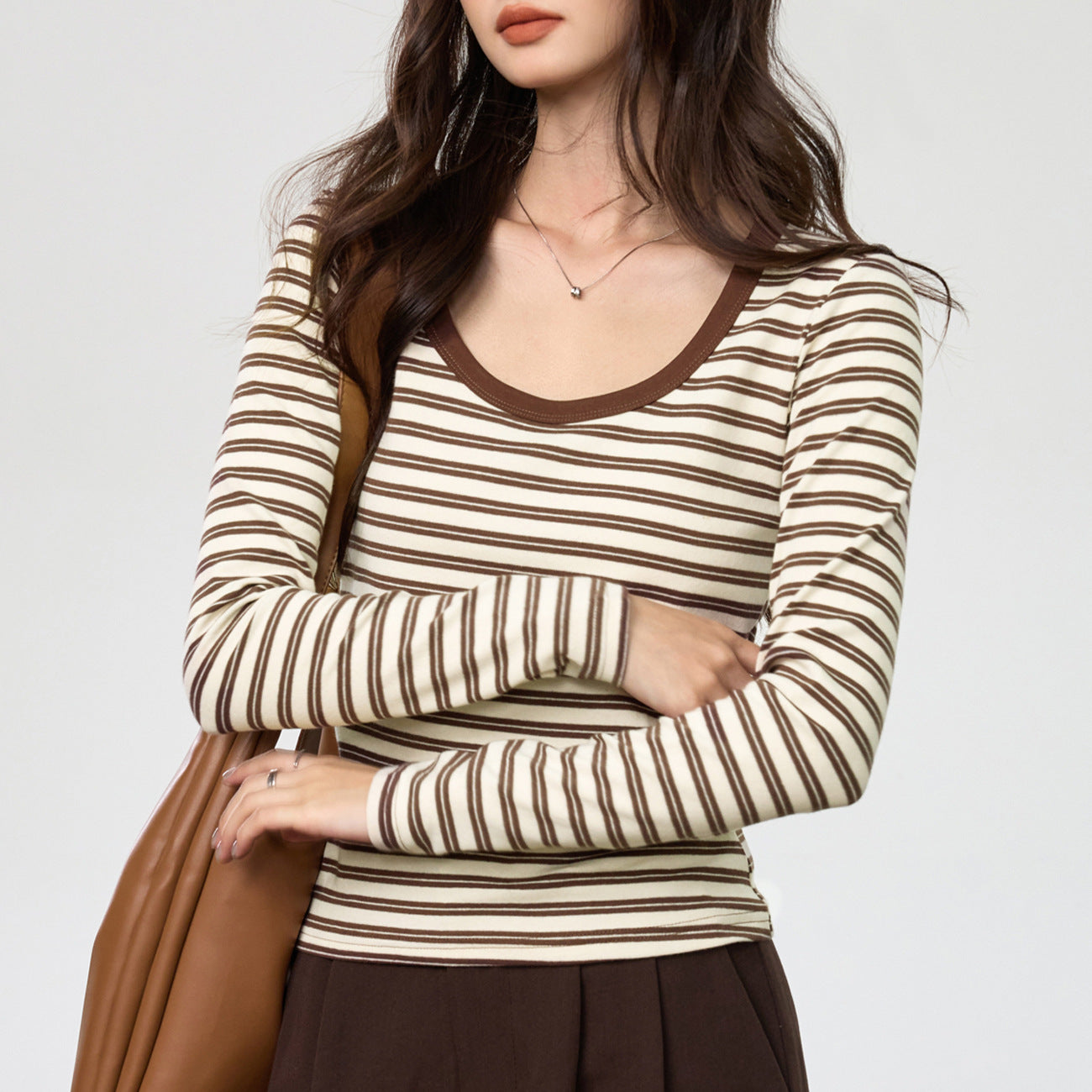 #Selection of pure cotton #Contrasting striped bottoming shirt for women with 2026 new foreign style big round neck long-sleeved T-shirt top