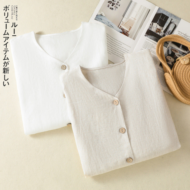 Real shot 2025 spring new literary loose solid color V-neck long-sleeved shirt women's shirt top #5859