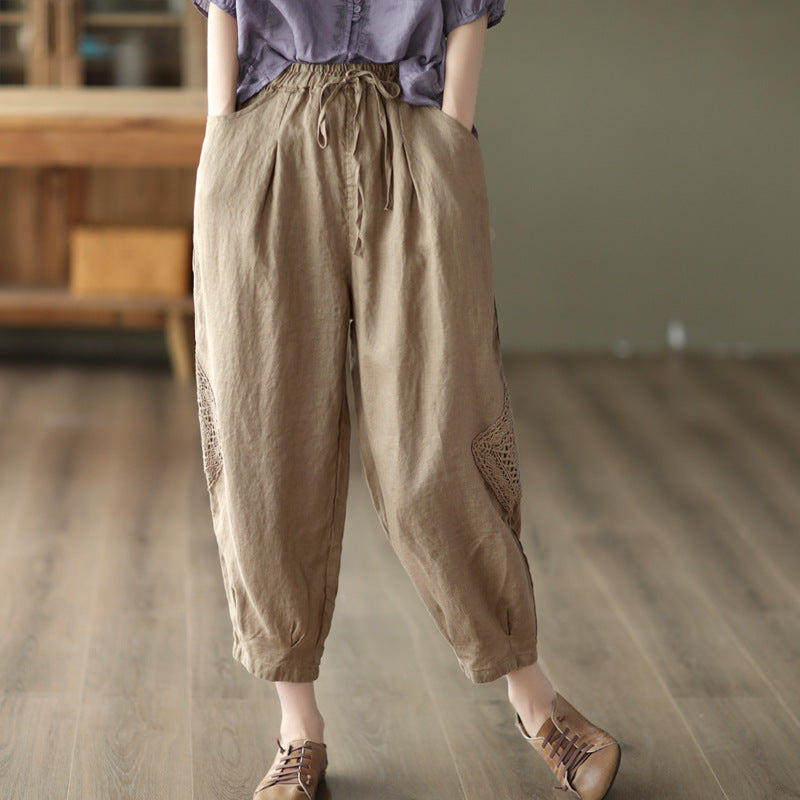 2025 summer new literary loose solid color cotton and linen elastic waist Harlan pants women's nine-point pants #1319
