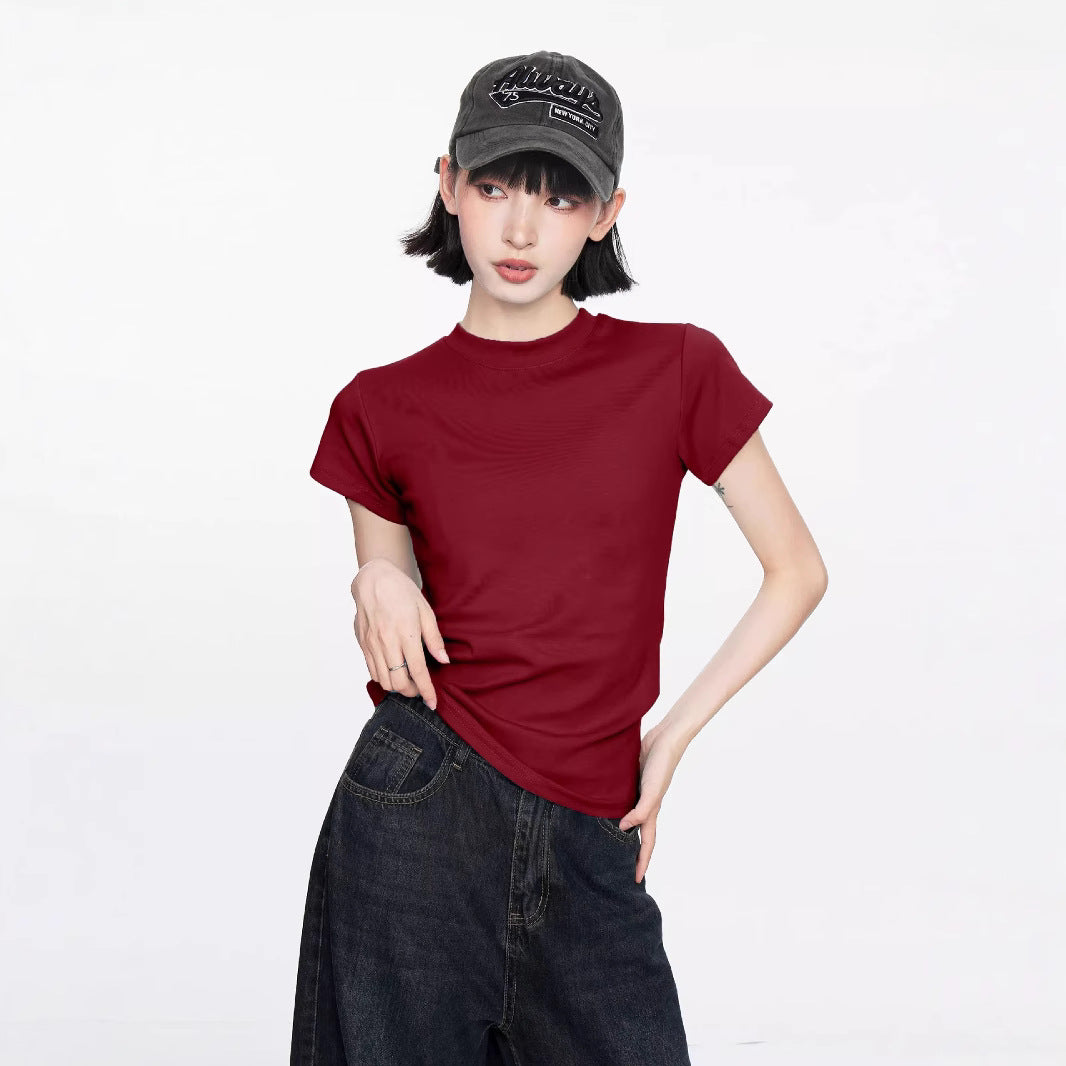 Summer new front shoulder basic short-sleeved t-shirt women's small slim and thin short solid-color top trendy