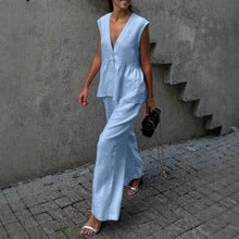 2025 cotton V-neck sleeveless top vest trousers set women's European and American new solid color temperament commuter two-piece set
