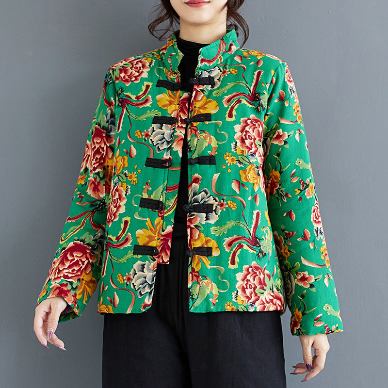 The real shot will be in the autumn and winter of 2025, the new ethnic style peony flower plus cotton button short cotton-padded clothes.