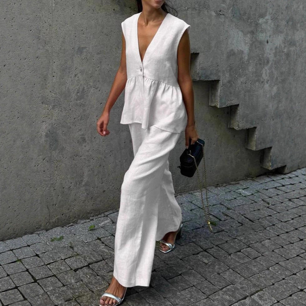 2025 cotton V-neck sleeveless top vest trousers set women's European and American new solid color temperament commuter two-piece set