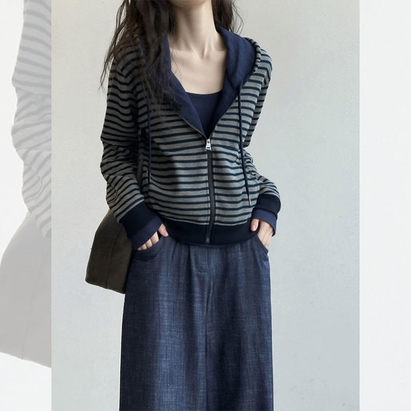 Cool gray striped hooded zipper sweater jacket American retro light ripe niche non-collision top autumn