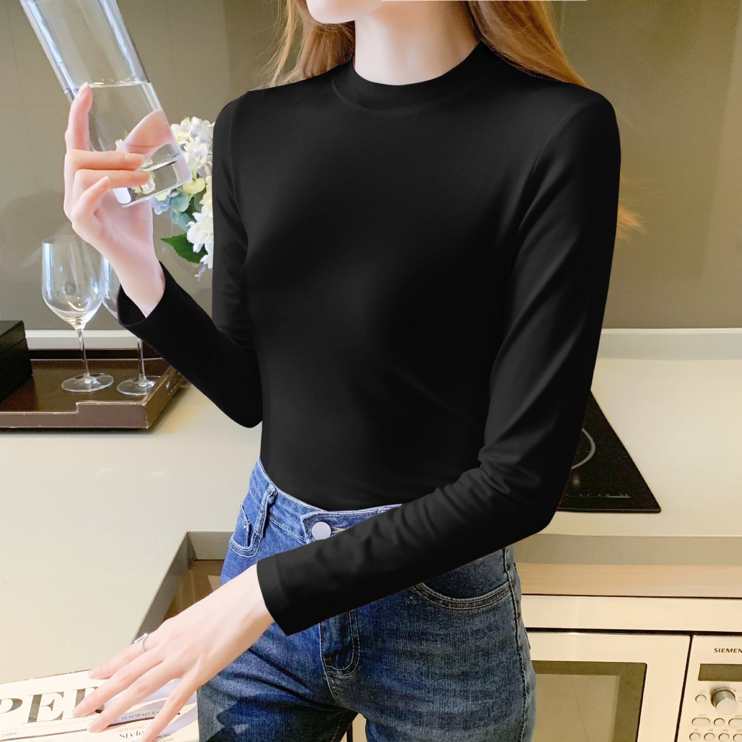 Slim white base shirt, women's semi-turtleneck, pure cotton long-sleeved T-shirt temperament, small stand-up collar top, versatile and slim