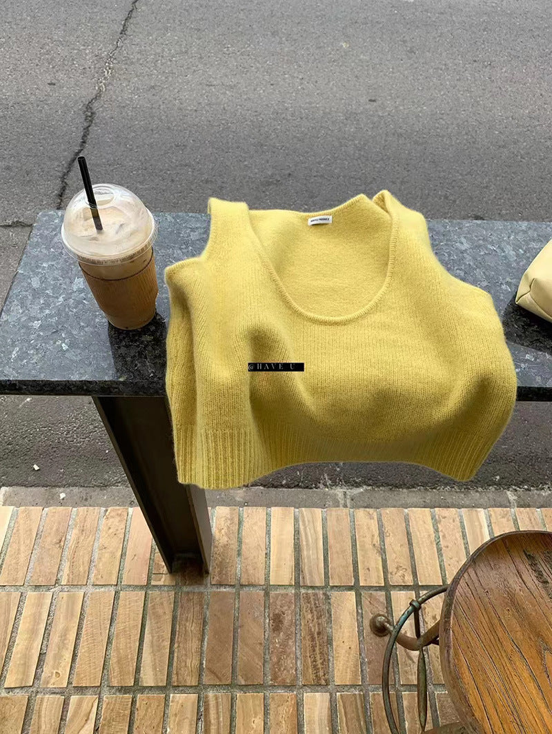 HAVE U wool knitted vest u neck elastic short small Korean ins wind wide shoulder strap stacked vest women