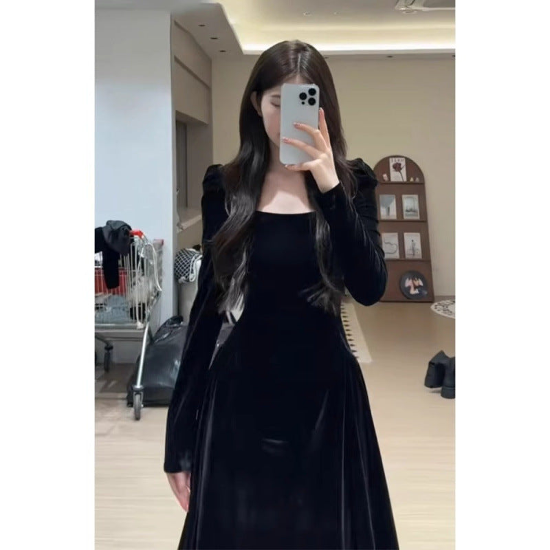 French temperament socialite high-end black velvet dress women's early spring inner birthday party evening dress long dress