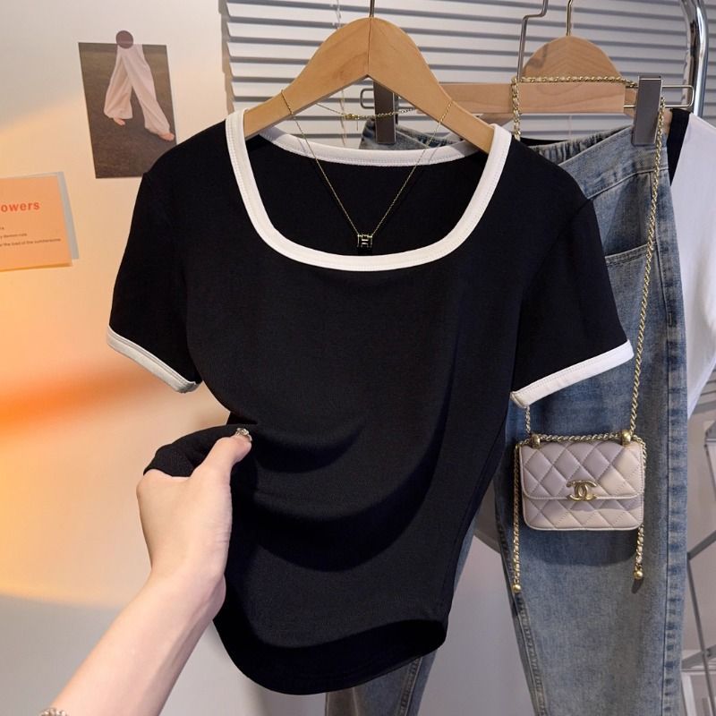 Gray square neck short-sleeved T-shirt women's summer 2025 new waist pleated small fragrant slim-fitting and thin shoulder top