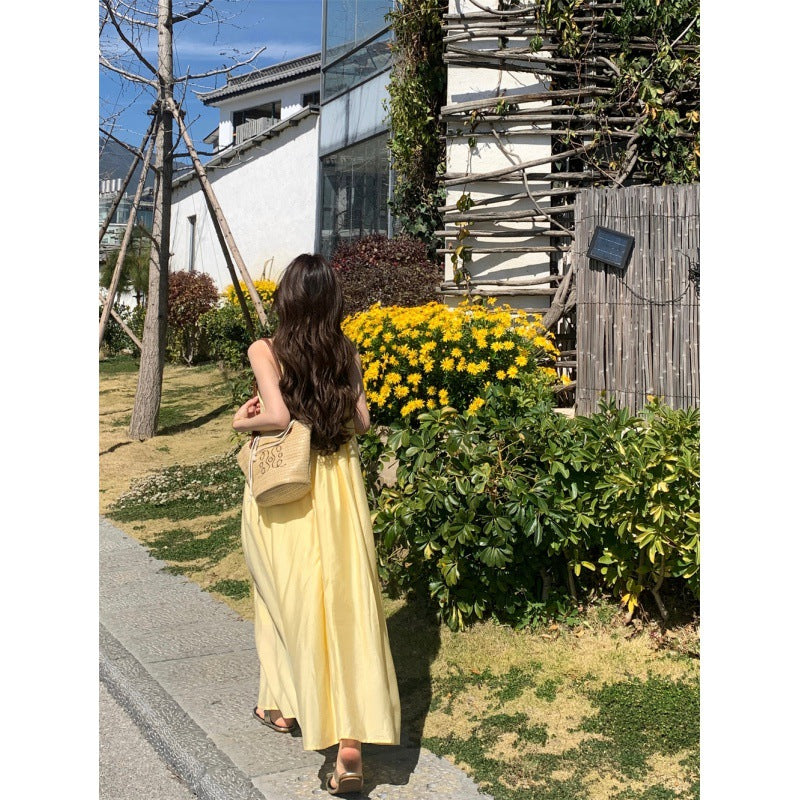 French yellow suspender dress women's clothing summer seaside vacation style wear skirt loose A-shaped skirt long skirt