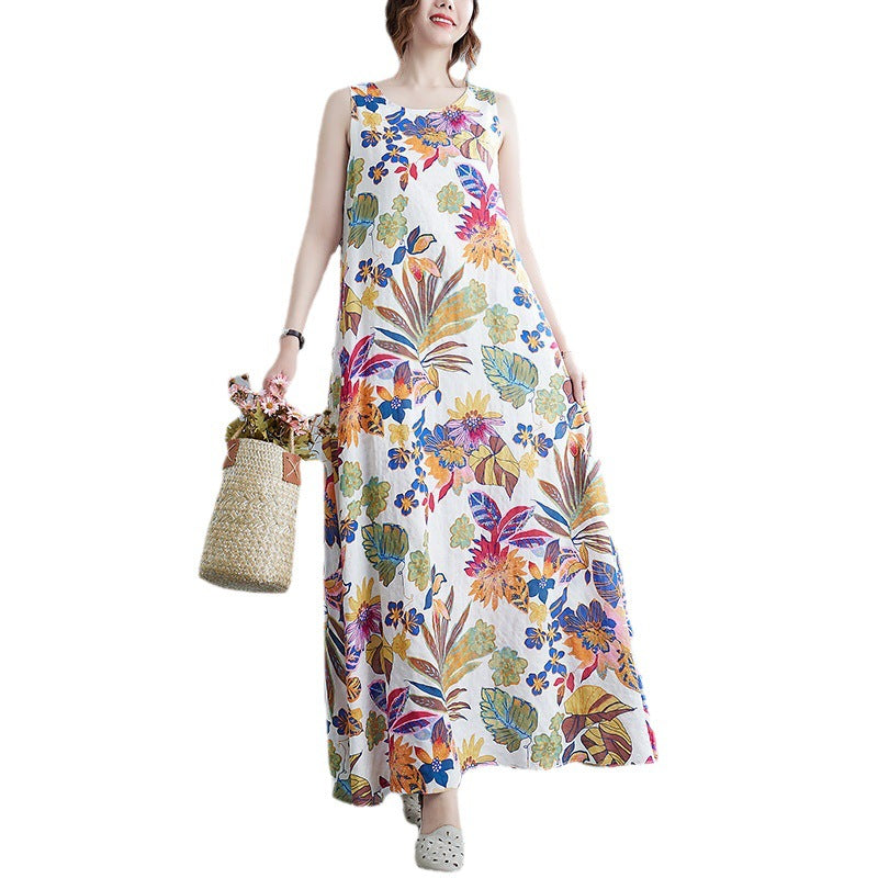 Real shot 2025 summer new literary loose printing sleeveless cotton and linen dress women's vest suspender skirt 9608 #