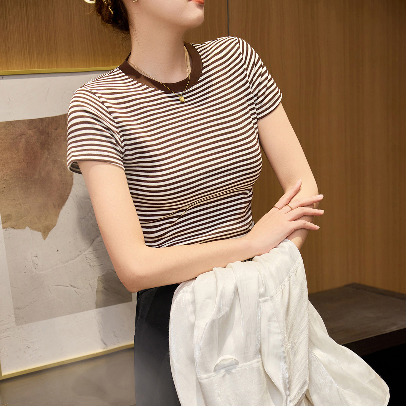 #260G combed cotton #striped T-shirt women's 2026 summer new high-waisted short contrasting color foreign style short-sleeved top