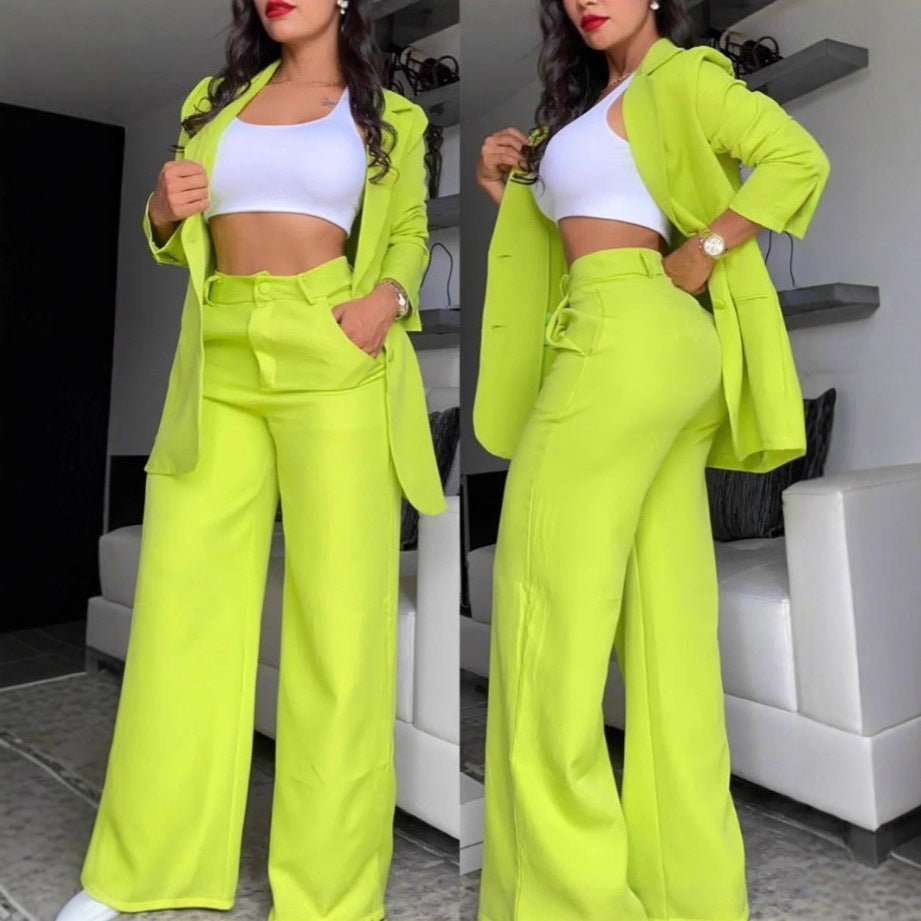 Cross-border 2025 European and American foreign trade summer women's clothing temperament elegant solid color split sleeve lapel suit straight pants suit women