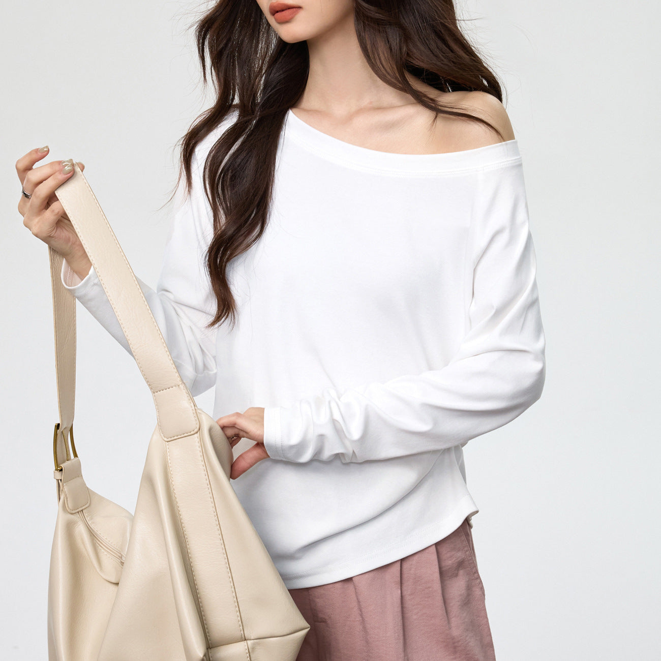 #40 combed cotton #slanted shoulder long-sleeved t-shirt women's early autumn round neck loose and thin one-word neck off-the-shoulder top