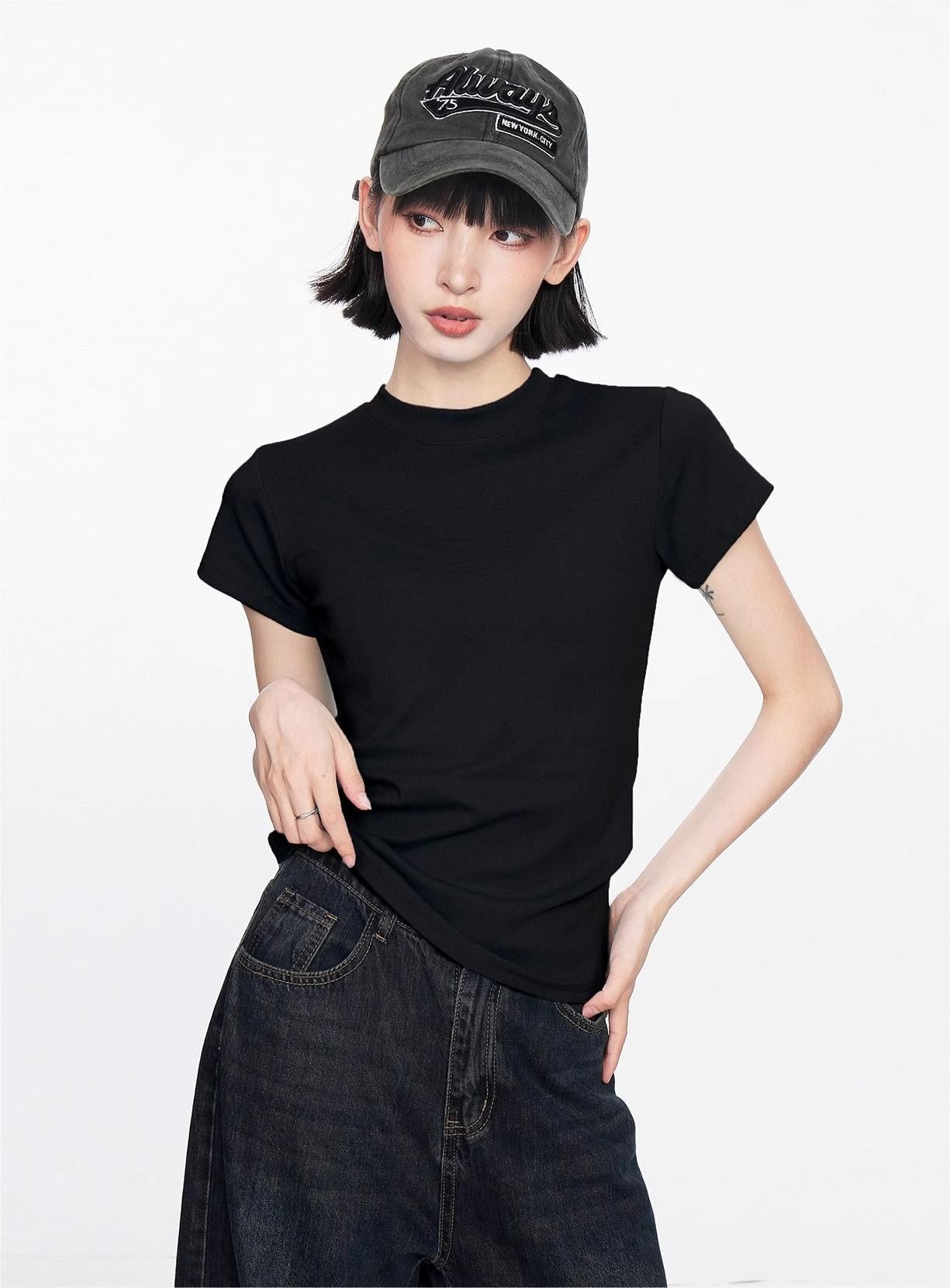 Summer new front shoulder basic short-sleeved t-shirt women's small slim and thin short solid-color top trendy