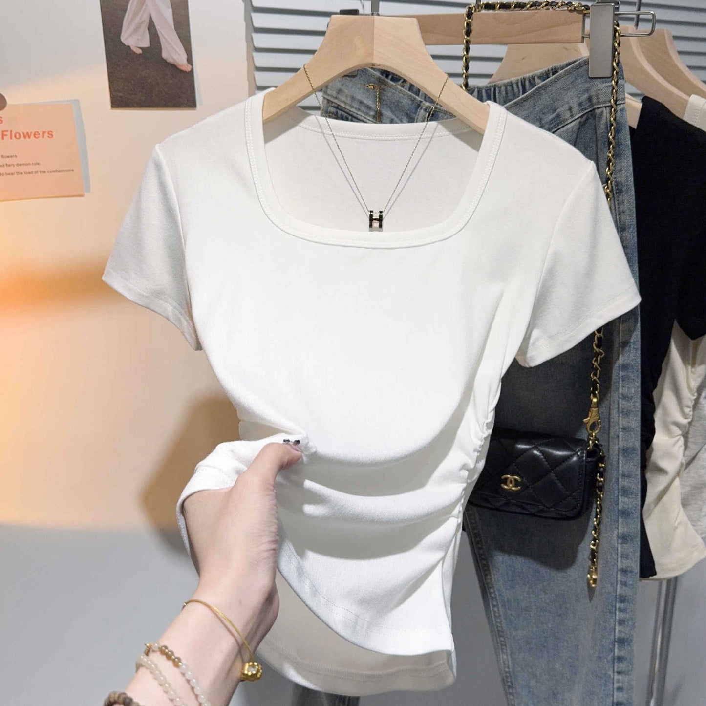 Square collar pure desire wind short-sleeved T-shirt women's summer 2025 new Spice Girl waist fold slim and thin shoulder top