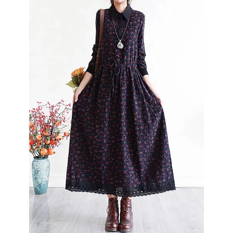 2025 Spring New Literary Loose Cotton and Linen Printed Lapel Long Sleeve Dress Women's Waist Medium and Long 969 #