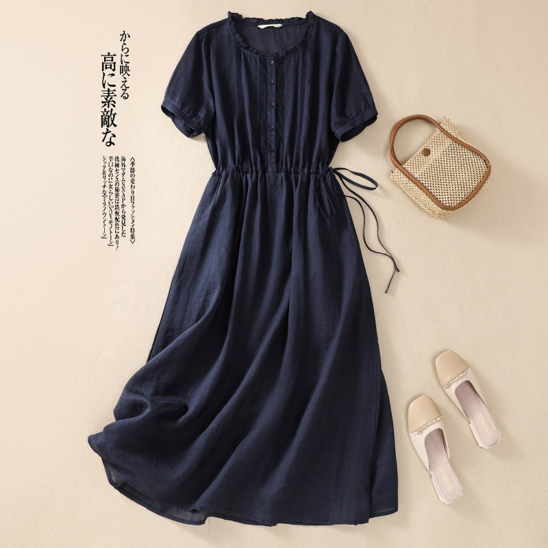 Real shot 2025 summer new cotton and linen literary commuting simple solid color light and thin medium and long dress women