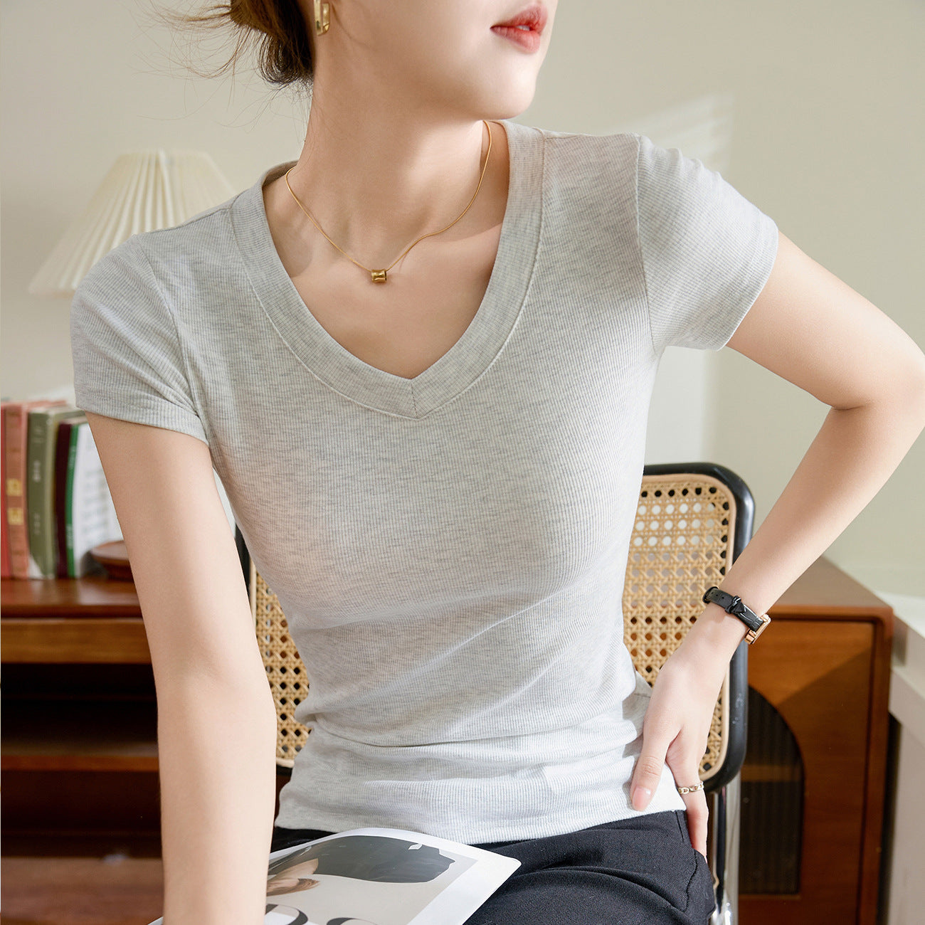 [High quality & selection of pure cotton] V-neck T-shirt women's short-sleeved 2026 summer new thin top bottoming shirt