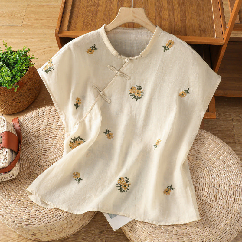 Cotton and linen embroidered shirt top 2025 summer thin round neck literary loose casual pullover shirt women