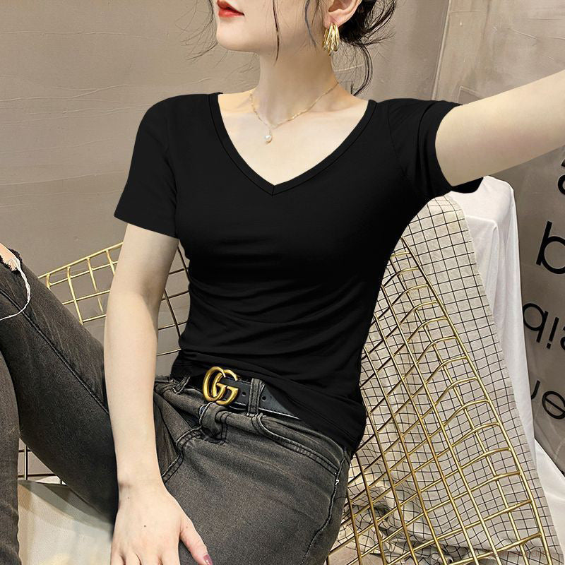Knitted Black Threaded V-Neck Front Shoulder Short Sleeve T-Shirt Women's Summer New Front Shoulder Half Sleeve Skinny Modal Waist Top