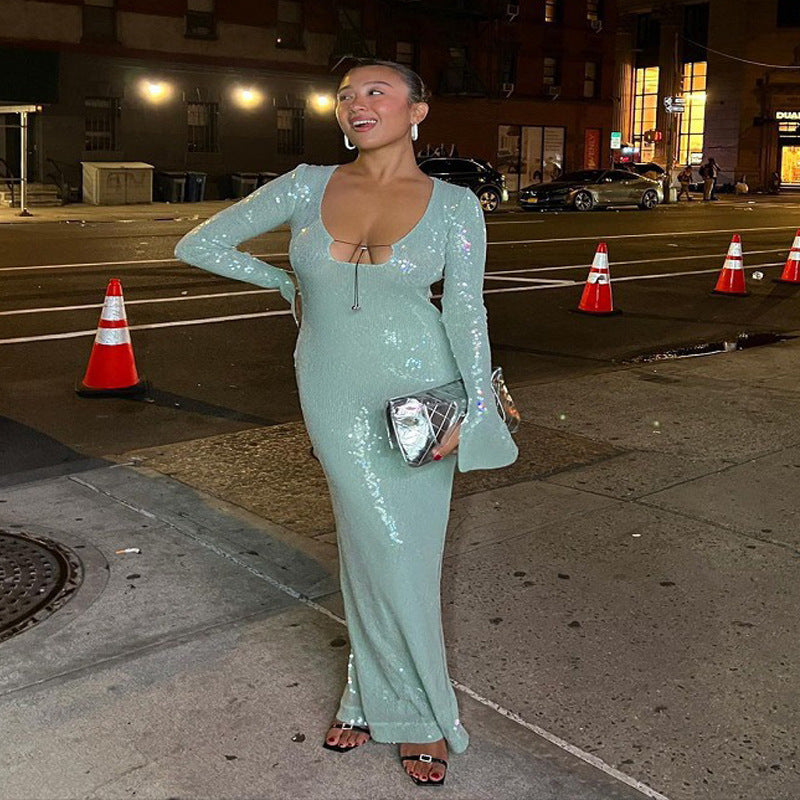 Cross-border stars of the same high-end sexy backless celebrity dress dress, beaded waist long-sleeved dress, women's medium and long styles